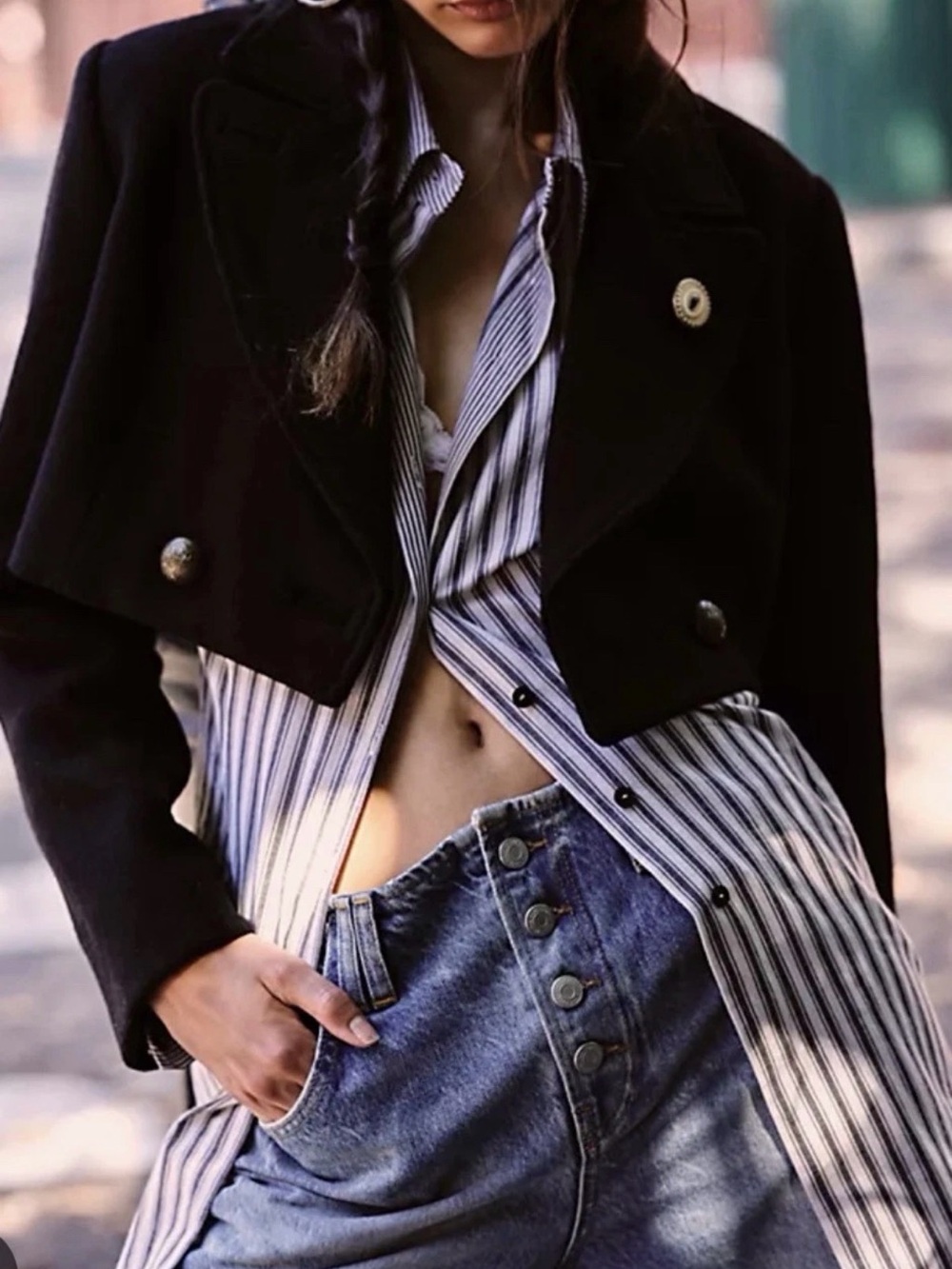Free People Black Cropped Double-Breasted Blazer Jacket